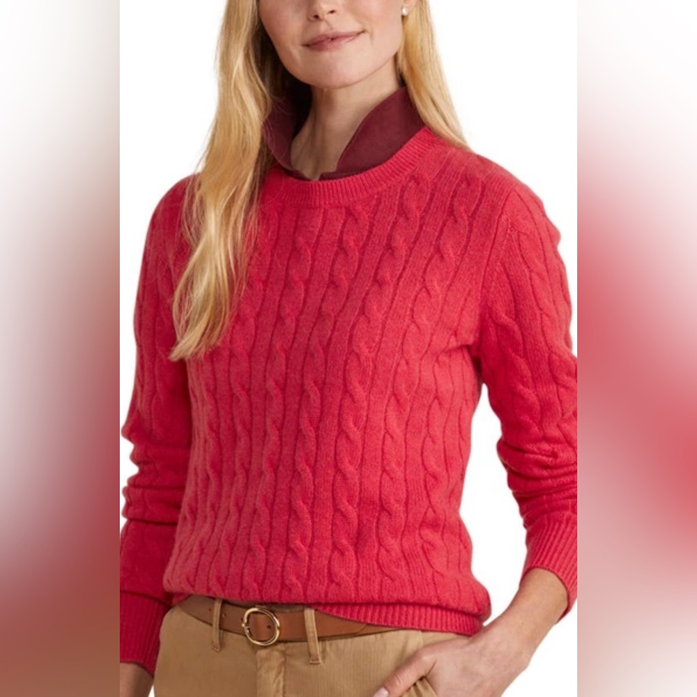 LAND'S END Pink Cable Knit Sweater Crew Neck Cotton Long Sleeve Pullover‎ Small
